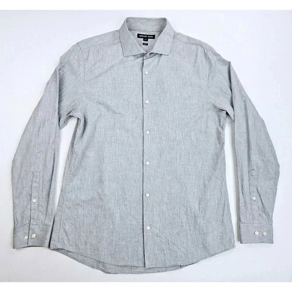 Michael Kors Size Large Slim Fit Gray Long Sleeve Spread Collar Men's Logo Shirt - Picture 1 of 11